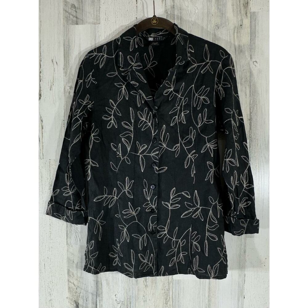 Carole Little Button Front Linen Blouse Black Size Small Beige‎ Embroidery READ
